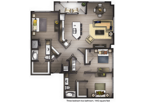 Floor plan for 3 beds, 2 baths, 1443 sqft